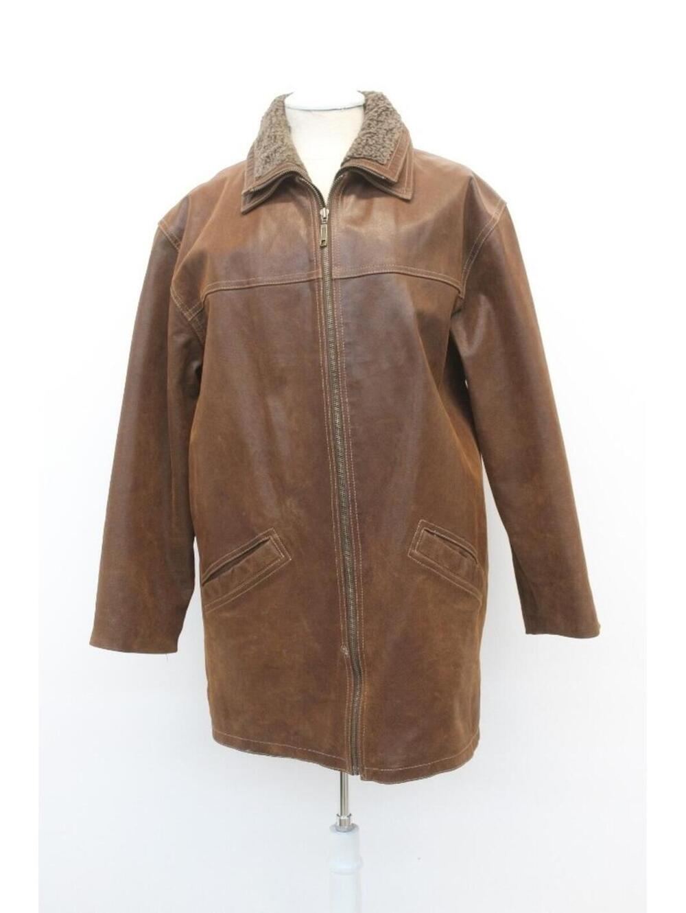 mint brown leather jacket coat man men size 40 small/medium w/ fake fur collar